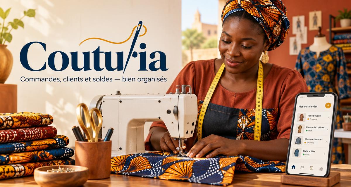 Une couturière confectionne un vêtement dans son atelier, avec Couturia à ses côtés